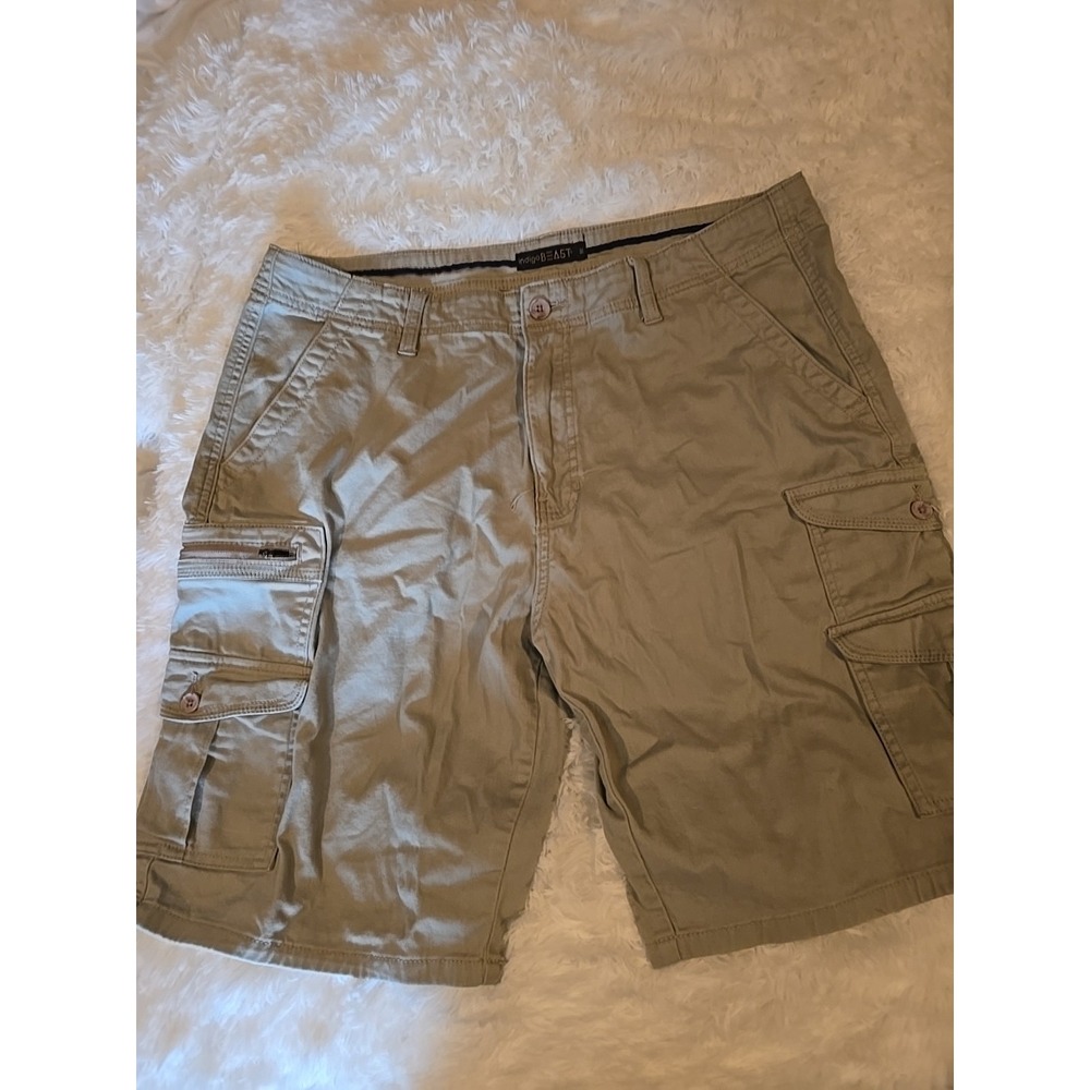 INDIGO BEAST Cargo Shorts Men 36 Khaki Y2k Streetwear Zip Pocket Utility Bermuda